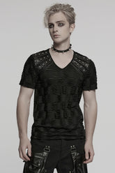 Black Short Sleeves Jacquard Faux Leather Stitching Ripped Rivet Men's Punk T-Shirt
